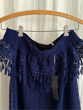 NWT Elie Tahari Lace Cocktail Dress 4 Navy Off Shoulder Fringe Overlay